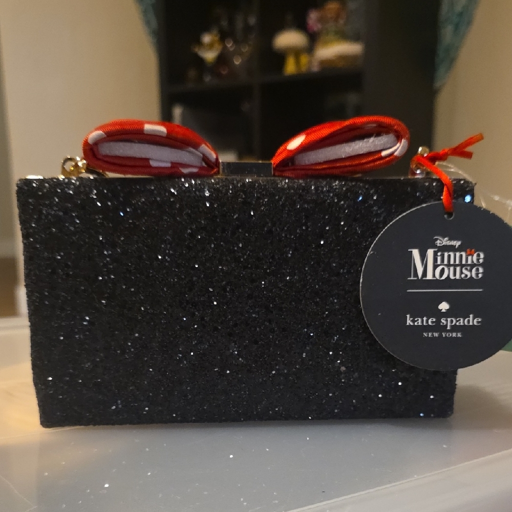 kate spade Black Glitter Box Clutch with Red Bow Accent